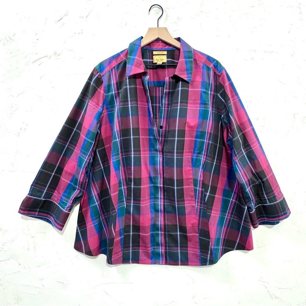 3/$20 Taylor Gold Label 24W Plus Plaid Tunic Blouse Non-Iron 100% Cotton